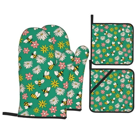 

Oven Mitts and Pot Holders Sets 4 pcs Flying Bees A Non-Slip Oven Gloves Potholders Soft Quilted Lining Heat Resistant Gloves Hot Pads for Kitchen Cooking Baking