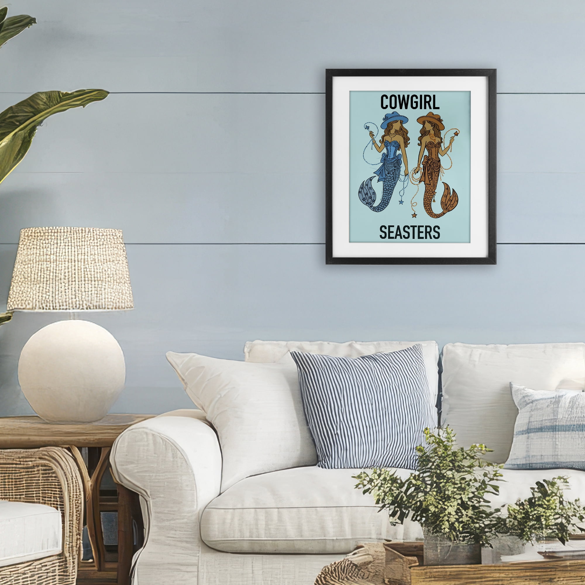 Cowgirl Seasters Mermaid Friendship Black Framed Print Under Glass, design by Amelia Noyes