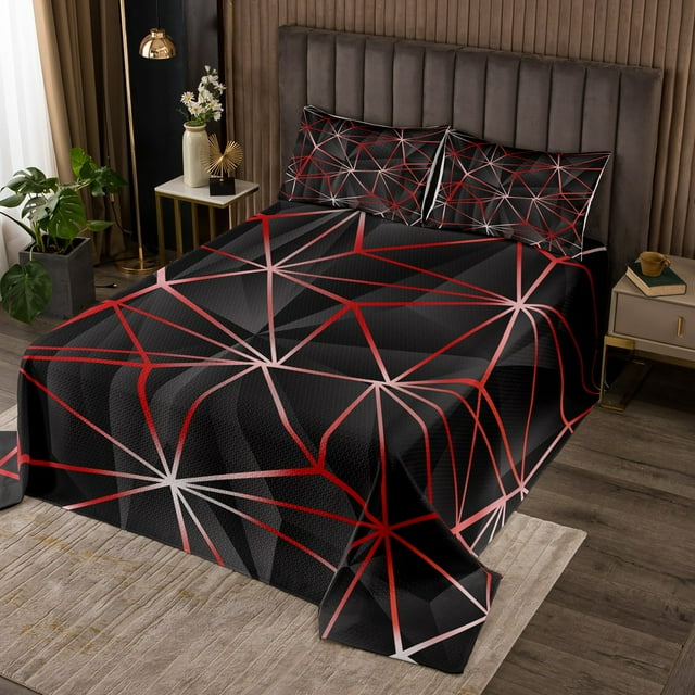 YST Geometric Coverlet Set, Geometry Irregular Diamond Quilt Set For Kids Teens Adult Women Bedroom, Lightweight Microfiber Bedspread Set Abstract Triangle Bedding Set (Black Red, Queen)