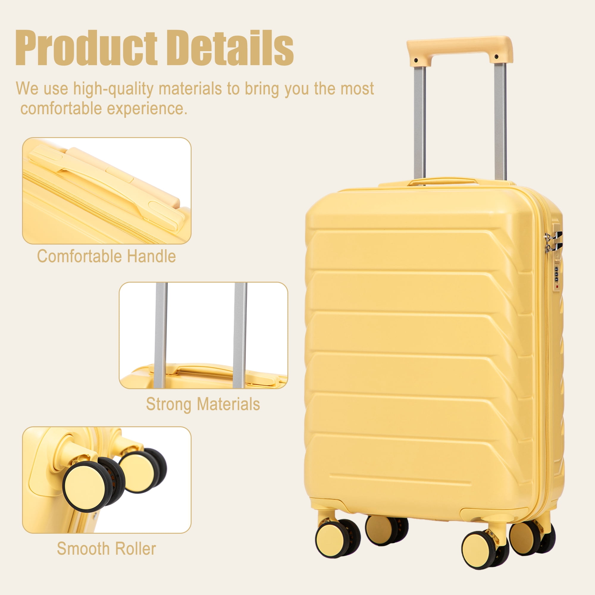 Leumius Hardside Carry on Luggage with Spinner Wheels, Hard Shell ABS Suitcase, 20-Inch Lightweight Expandable Rolling Luggage, Yellow