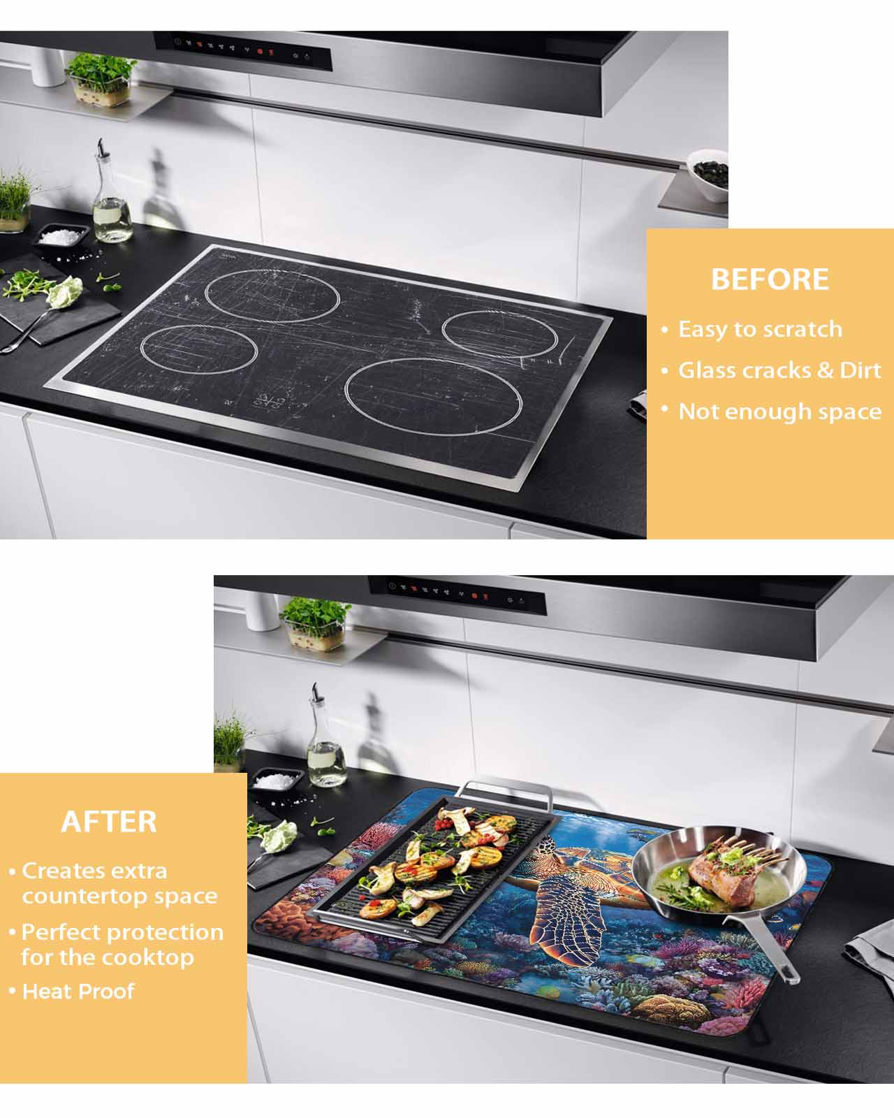 nqOlkjepod Large Induction Cooktop Protector Mat 24"x21", Coastal Turtle Stove Top Covers for Electric Stove, Turquoise Coral Tropical Ocean Animal Fish Stove Burner Cover Mats Stove Cover