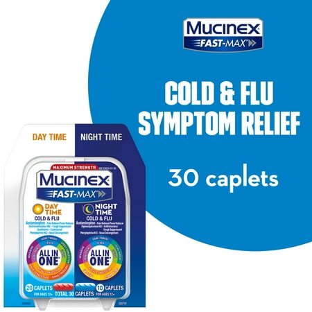 Mucinex Fast-Max Day Time Cold & Flu and Night Time Cold & Flu Medicine, Maximum Strength All in One Multi Symptom Relief for Congestion, Sore Throat, Headache, Cough and Reduces Fever, 30 Caplets