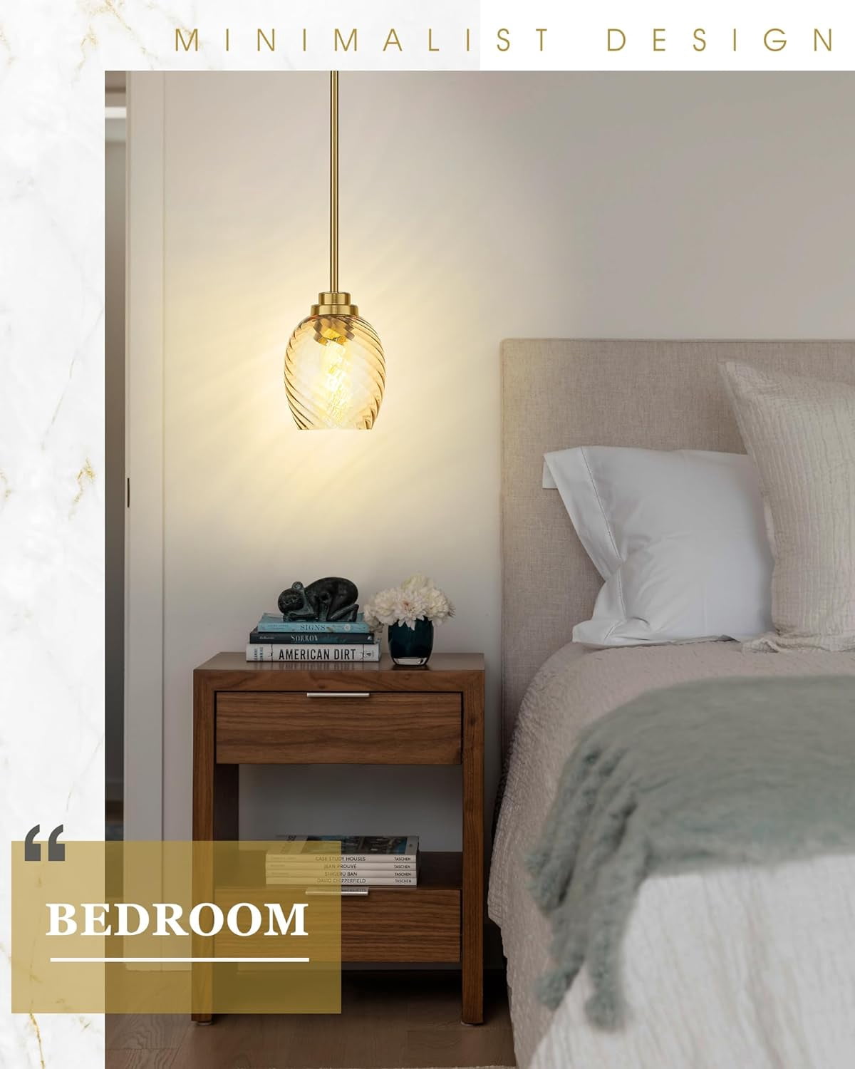 Gold Pendant Light, 1-Light Pendant Lights Kitchen Island with Striped Amber Glass Shade, Modern Hanging Light Fixtures for Entryway Dining Room, AD-22299-1P-OR