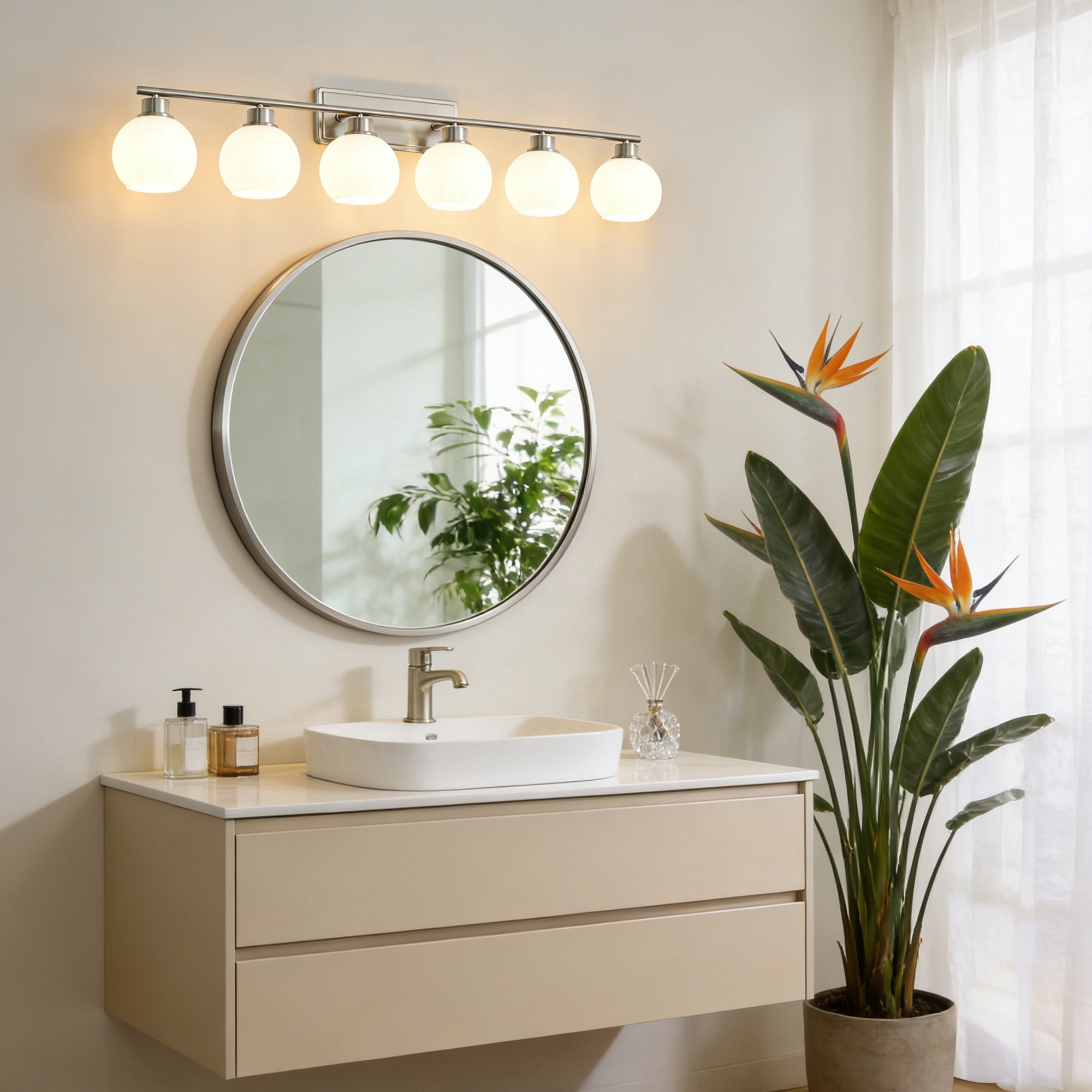 Deyidn 45.27" 6-Light Dimmable Bathroom Vanity Light - Nickel Finish with Milky White Glass Shades, Transitional Modern Design