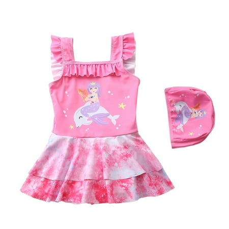 

Promotion!Cartoon Kids Toddler Sling Swimwear with Swimming Cap for Children Rash UV Guard Girls Ruffles Swimsuit Summer Two Pieces