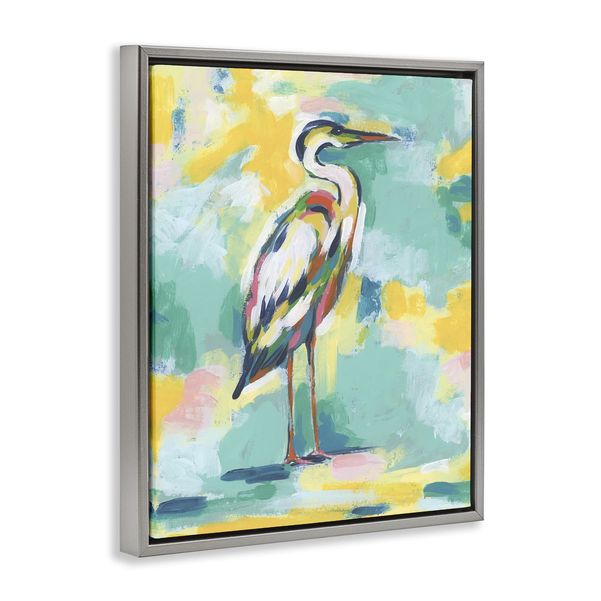 Stupell Industries Yellow & Blue Heron Animals Painting Gray Floater Framed Canvas Art Print Wall Art, 17 x 21