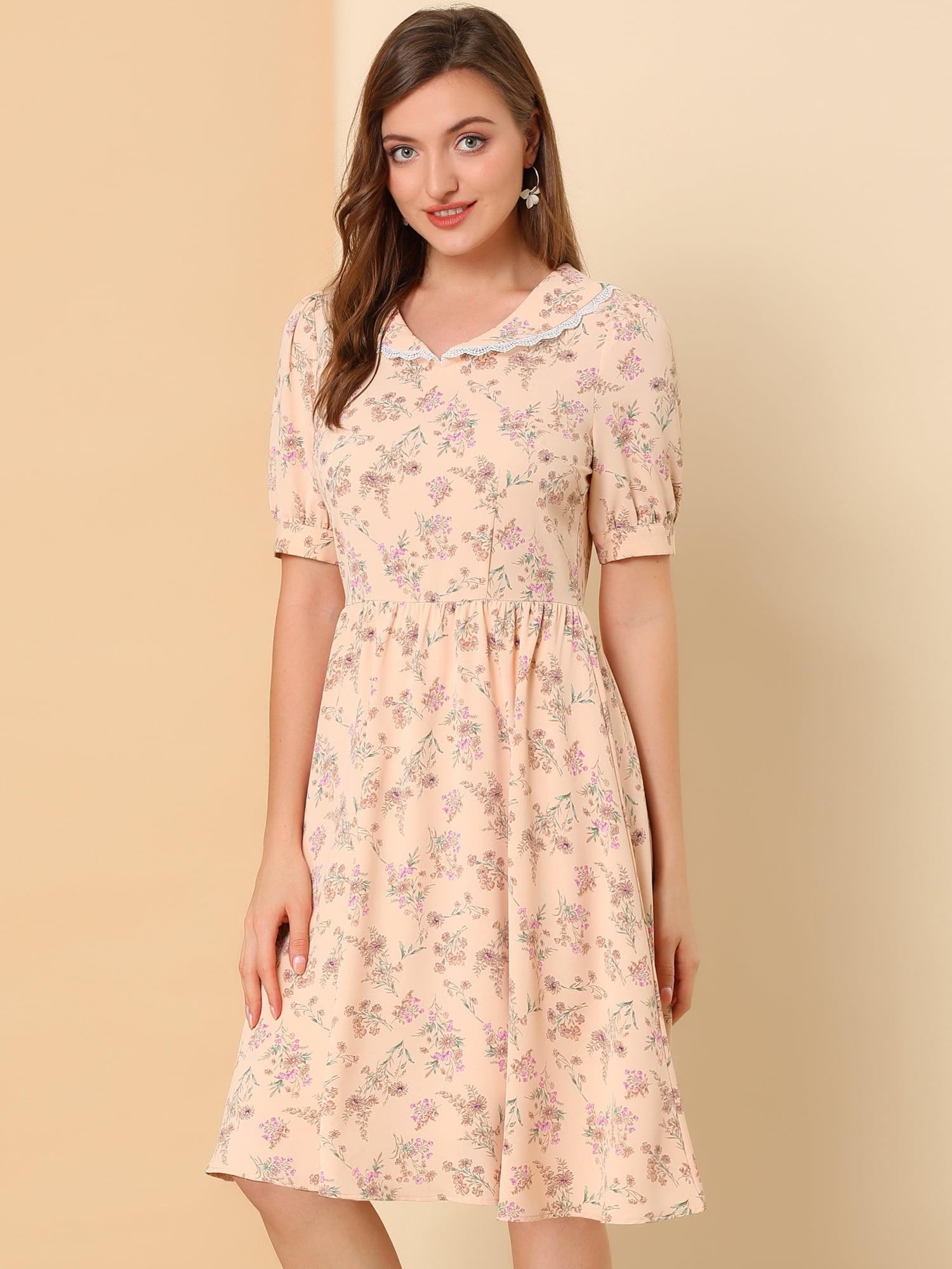 DARING DIVA Peter Pan Collar A-Line Flowy Midi Chiffon Floral Dress S Pink