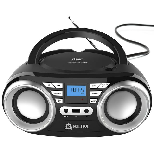 KLIM B3 Reproductor de CD portátil Boombox con radio FM, Bluetooth, USB, AUX y radio FM Altavoces duales, efectos de sonido EQ, 20 estaciones preestablecidas, compacto y liviano