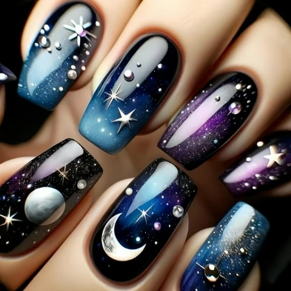 Colorful Press on Nails Ombre Fake Nails Medium Square False Nails with Design Nude Glue on Nails Artificial Acrylic Nail Full Cover Stick on Nails for Women Manicure 24Pcs night black 0.04 Fl Oz