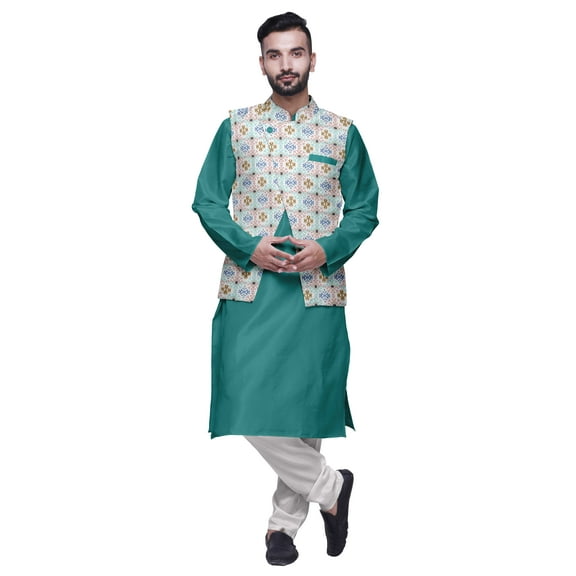Atasi Men Mandarin Collar Solid Kurta Churidar Pajama & Printed Nehru Jacket Set