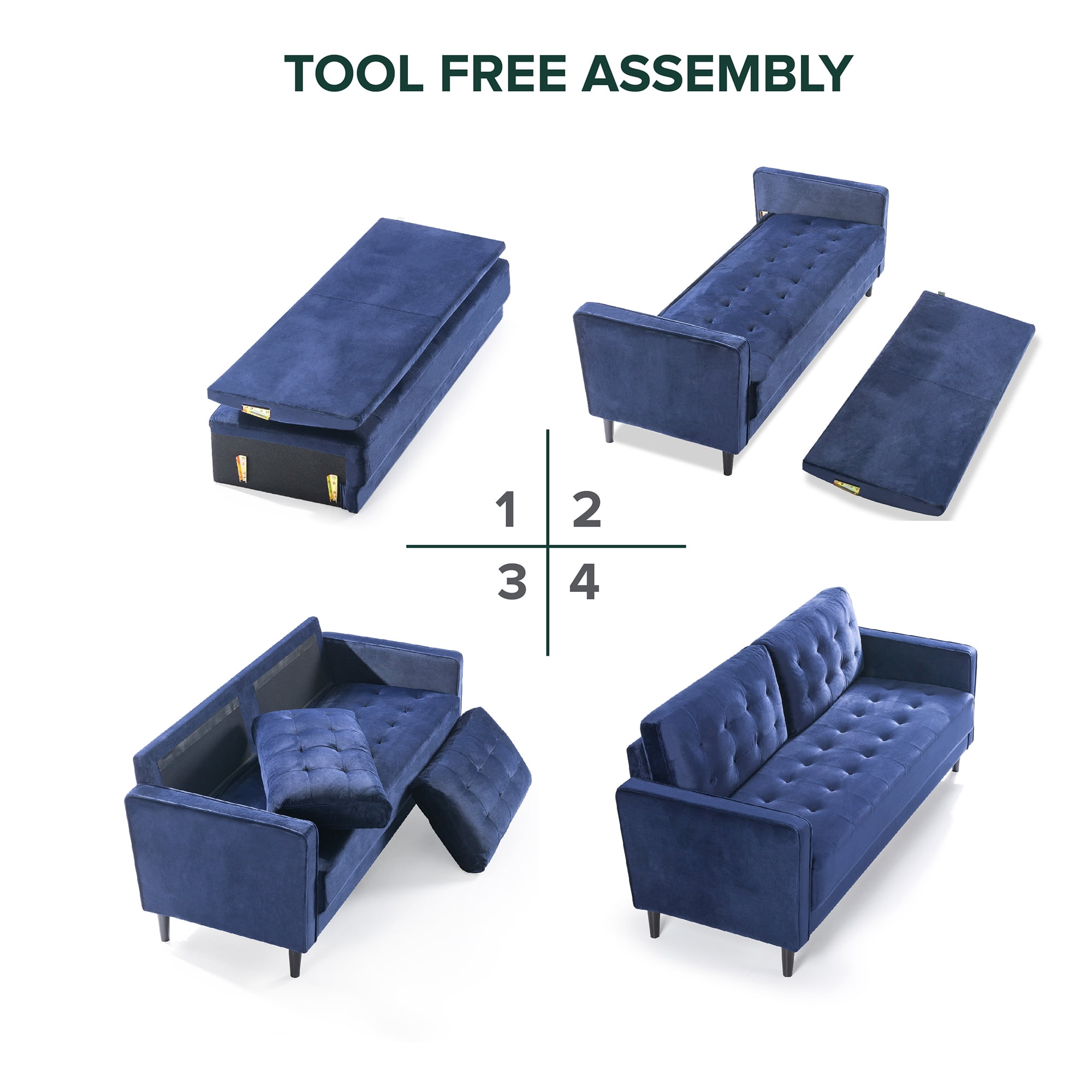 Ember Interiors Benton Sofa Couch, Navy Velvet
