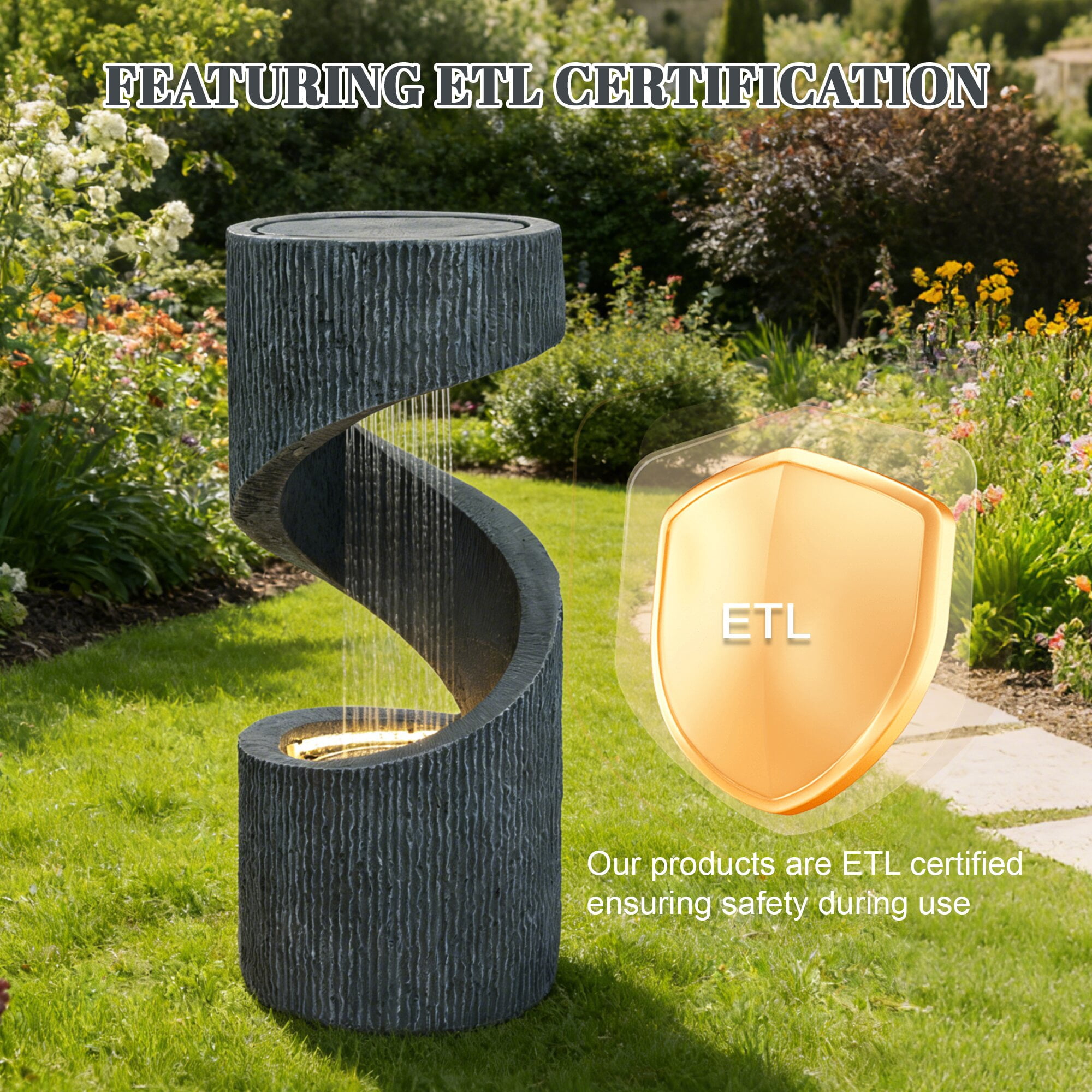 Kaluomm 32" Modern Spiral Column Outdoor Water Fountain with LED Light, Freestanding Resin Waterfall for Patio Garden Decor, Gray