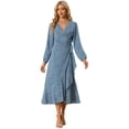 thumbnail image 1 of Vestido Largo Bohemio Floral de manga Larga con dobladillo Dividido Allegra K Azul M, 1 of 5