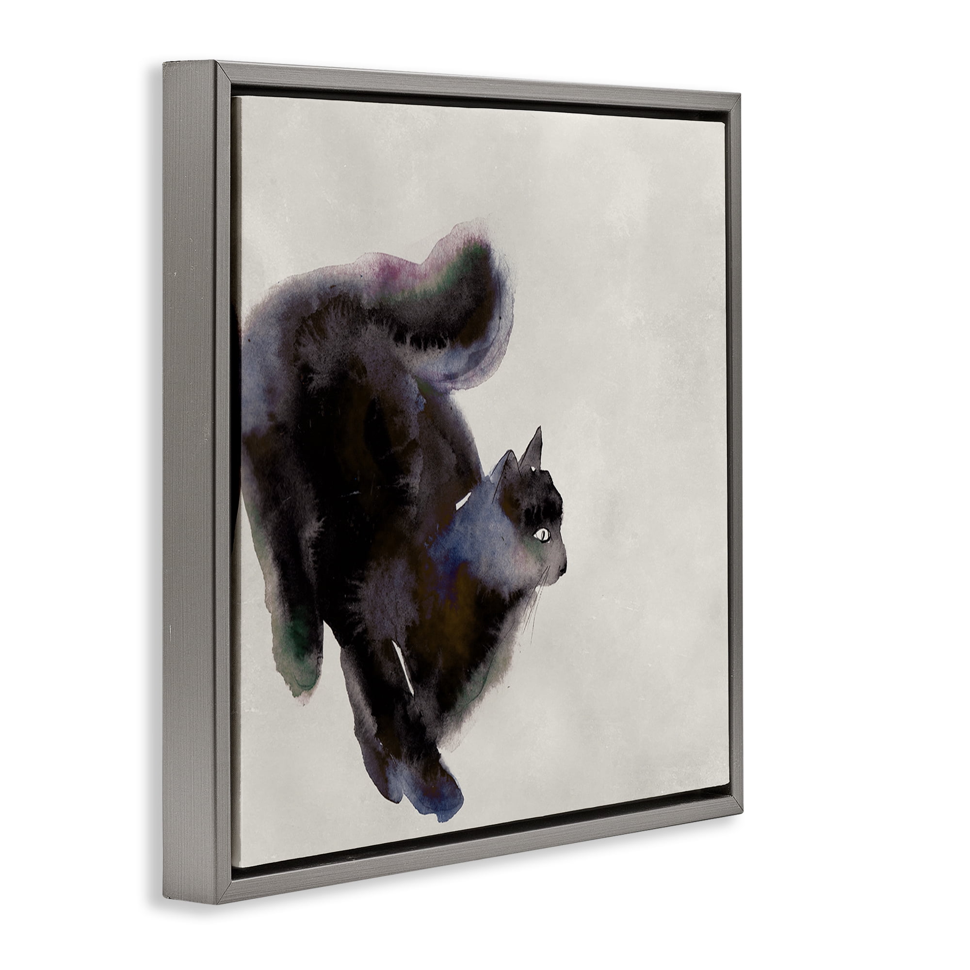 Stupell Industries Black Cat Watercolor Animals Painting Gray Floater Framed Canvas Art Print Wall Art, 25 x 25