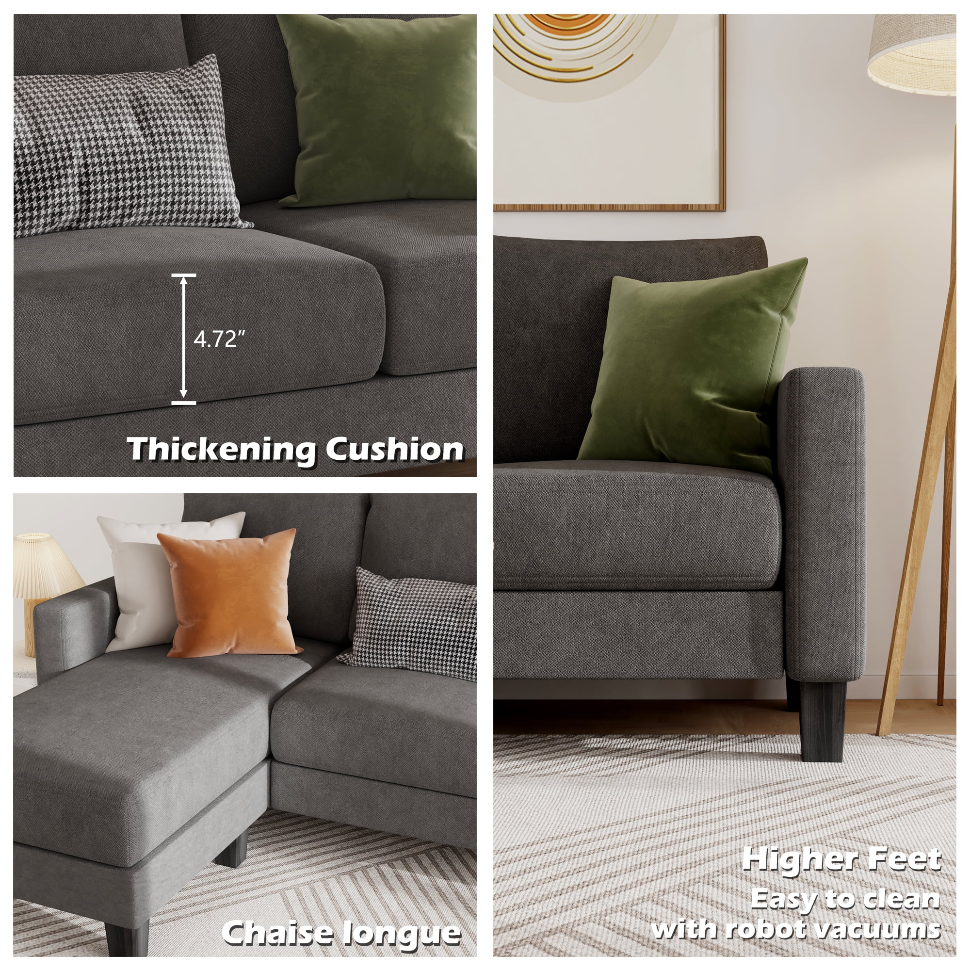 Homall Convertible Sectional Sofa Couch, Modern Linen Fabric L-Shaped Couch 3-Seat Sofa Sectional with Reversible Chaise for Small Living Room, Apartment and Small Space, Dark Gray