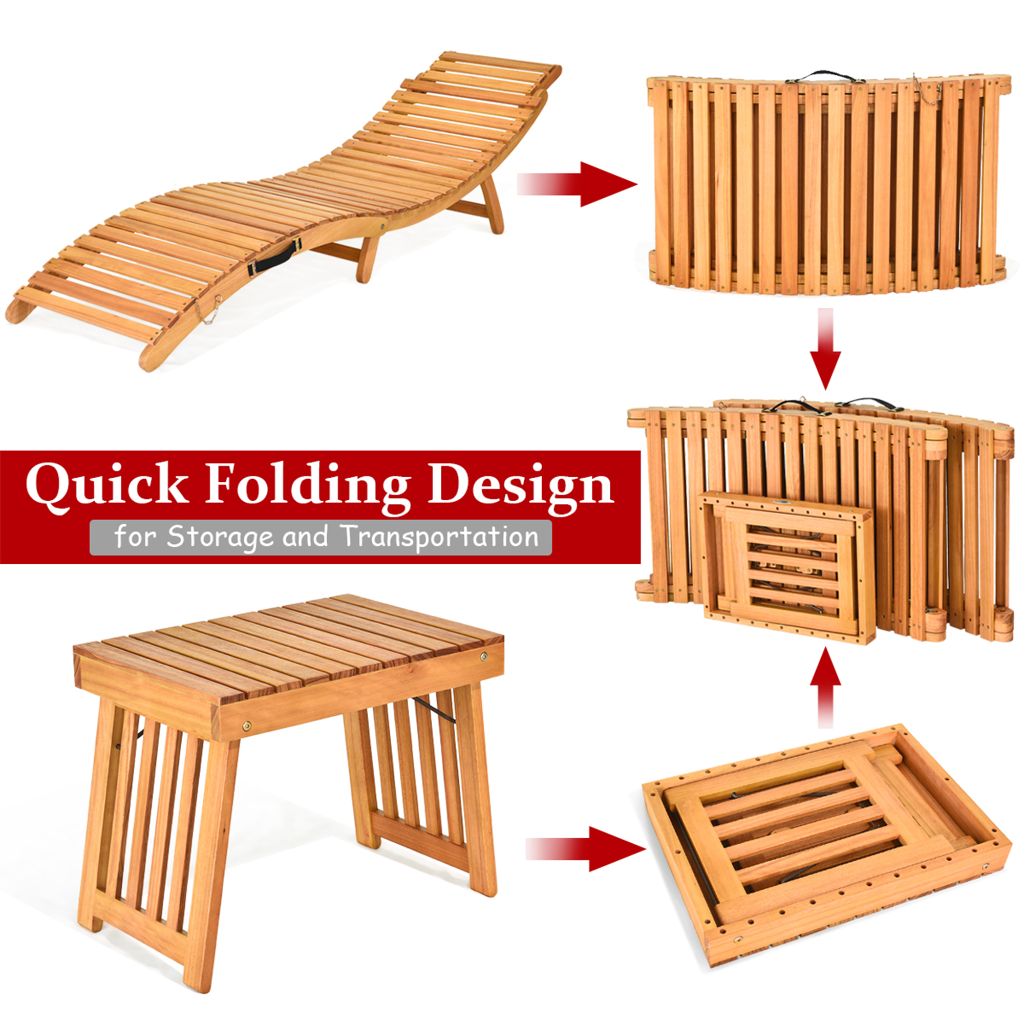 Costway 3PCS Wooden Folding Lounge Chair Set Cushion Pad Pool Deck - image 8 of 10