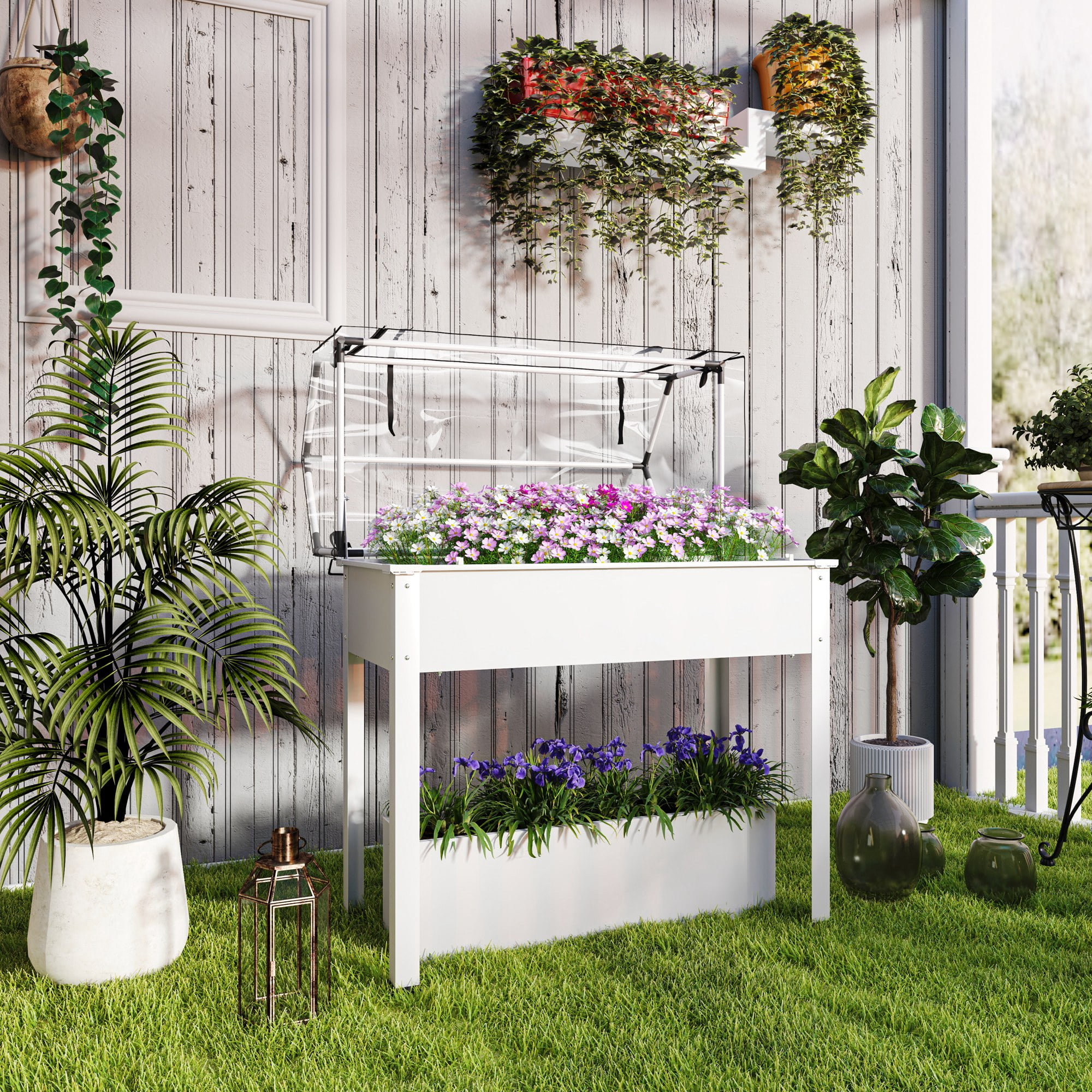 Outsunny Raised Garden Bed with Greenhouse Cover, Elevated Garden Box with Legs and Drainage Hole for Vegetables, White