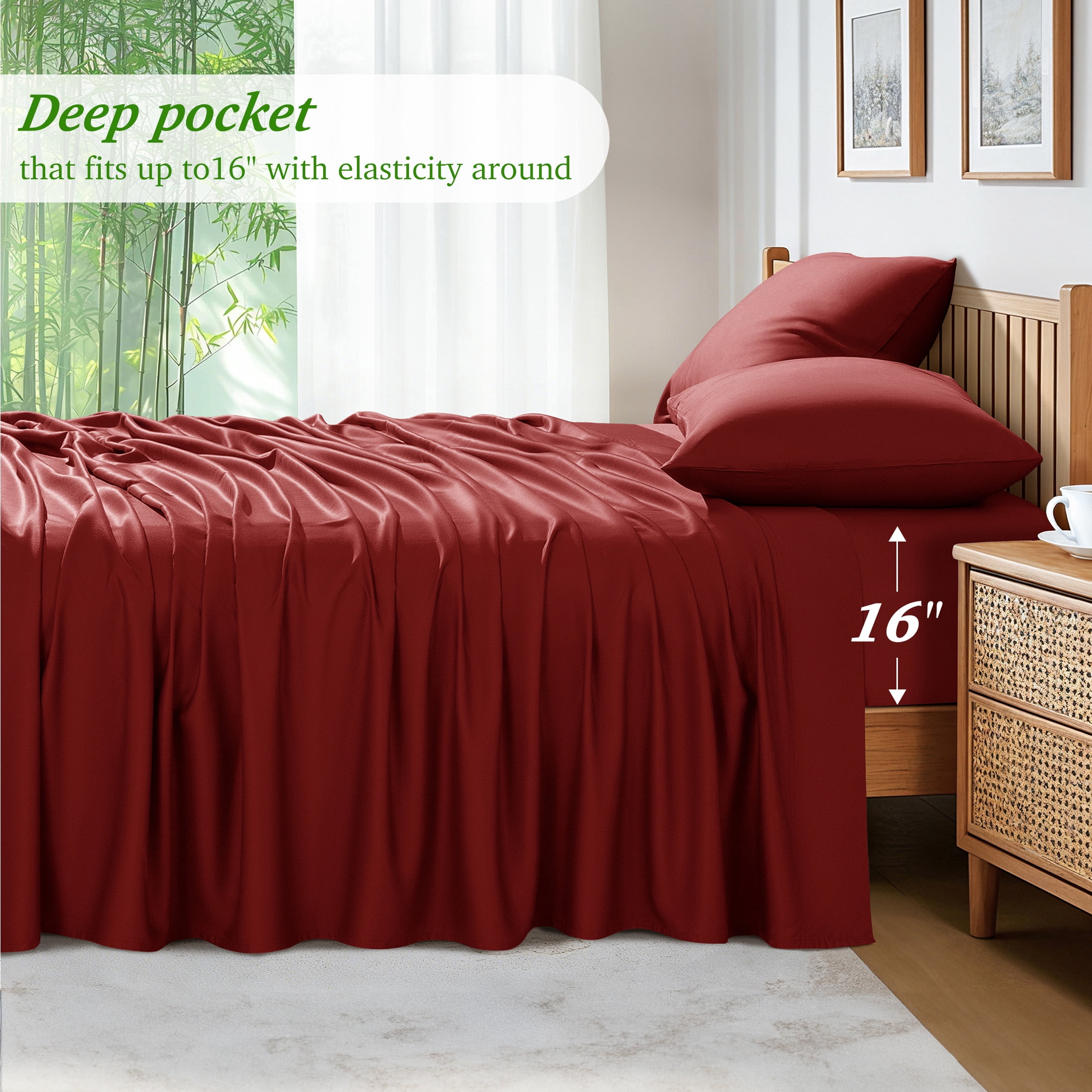 AiAngu Bamboo California King Sheet Set, Luxury Soft 4 Pieces Bed Sheets with 18" Deep Pocket, Burgundy