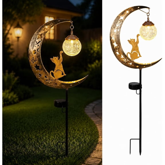 Solar Halloween Black Cat Moon Night Light, Weather-Resistant Metal Garden Stake Decor with Glowing Pumpkin Lantern, Solar Powered Auto On/Off Lawn Ornament for Yard Pathway Patio Fall (Cat)