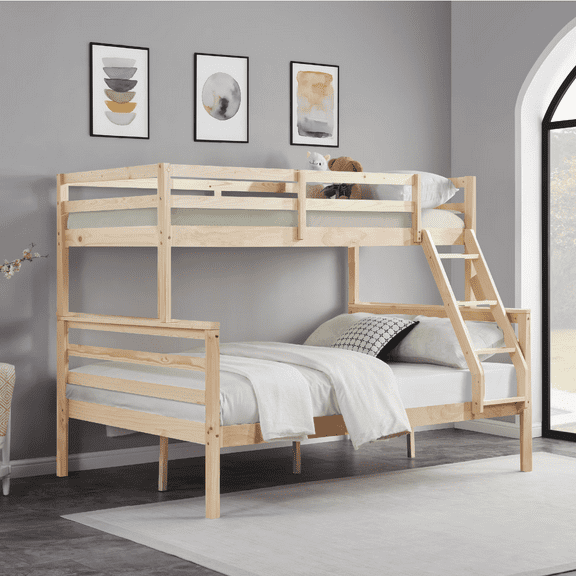 MAYEERTY Twin over Full Bunk Bed with Ladder, Wooden Bed Frame with High Guardrail and Ladder for Kids, No Box Spring Needed, Natural