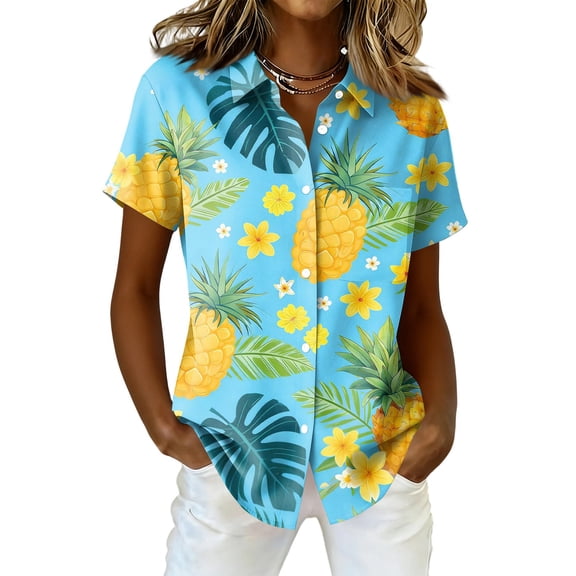 Fgvctg Women's Hawaiian Shirts Casual Short Sleeve Button Down Shirts Summer Beach Shirt Dressy Tropical Printed Tops Lightweight Holiday Outfits Gold XL