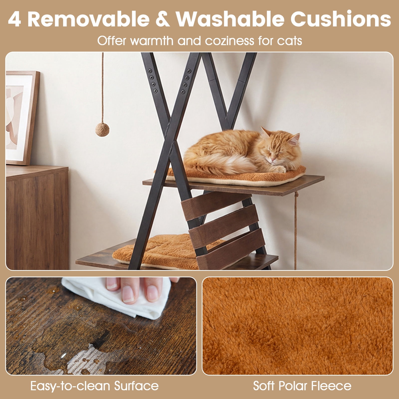 Costway 73" Wooden Multi-level Cat Tower with Elevated Perch, Large Condo, Dangling Balls Rustic Brown + Brown