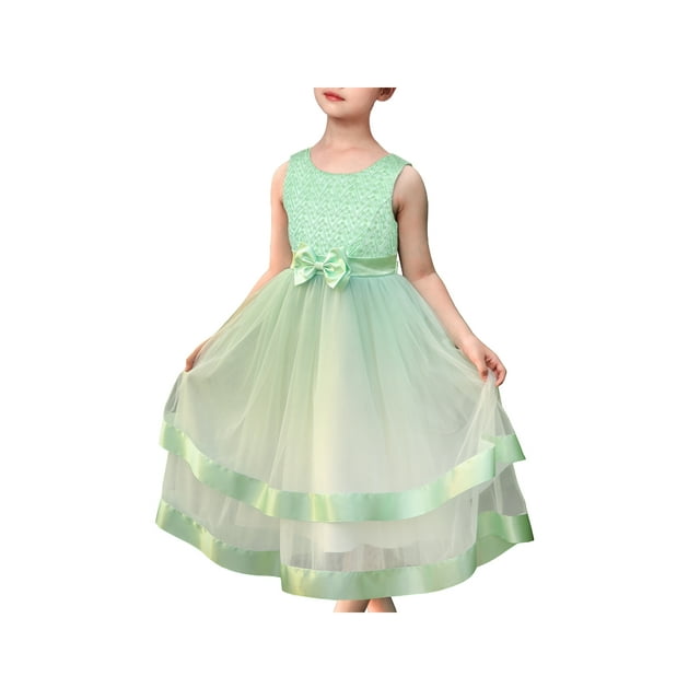 Flower Girls Dress Light Green Layer Ribbon Trim Mesh Skirt Wedding 10 Years
