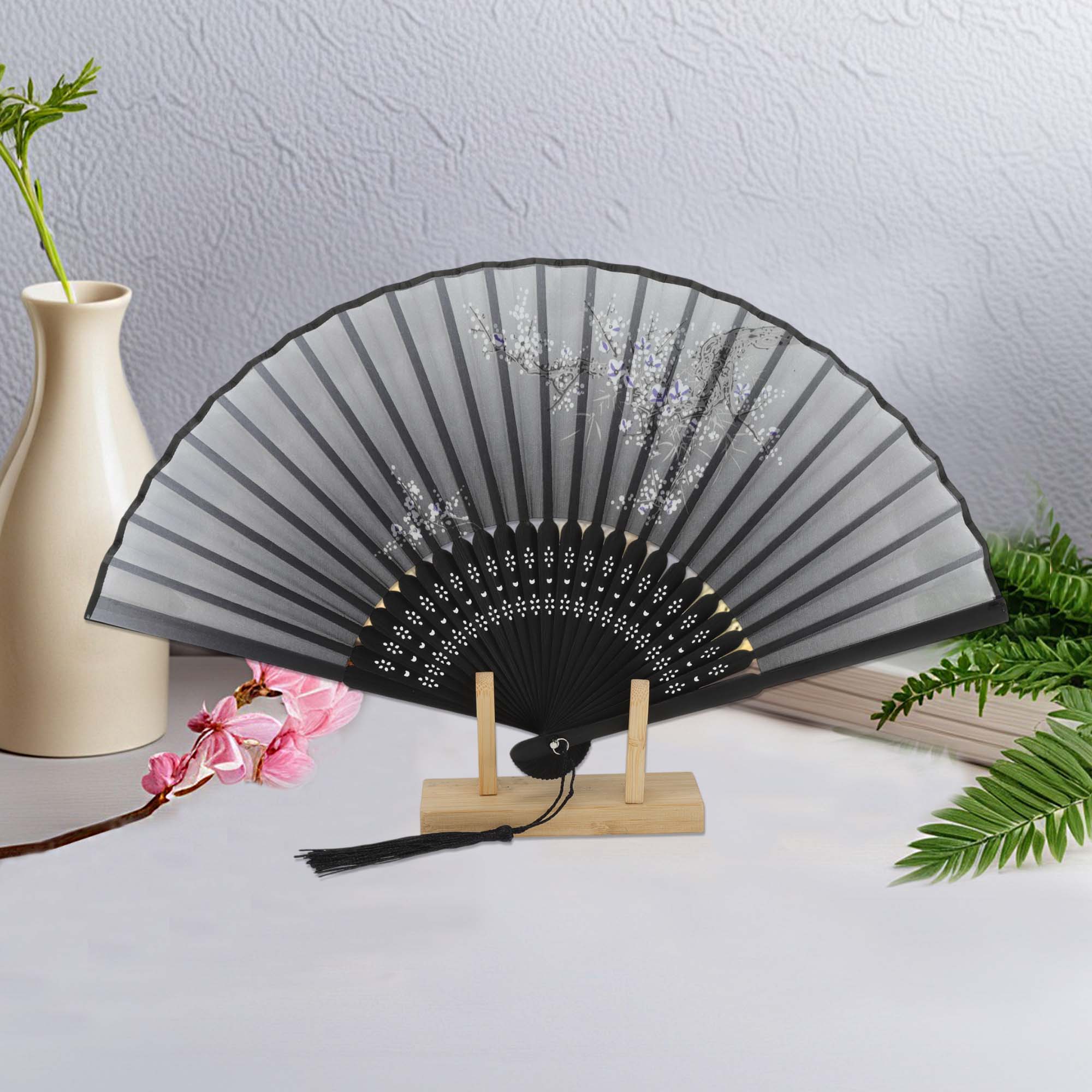 Unique Bargains Ancient Style Folding Fan 1Pc Gray [Delicate Shadows Fragrant Blossoms]