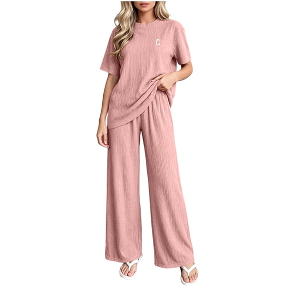 ABSUYY Two Piece Womens Loungewear Set Ribbed Knit Wide Leg Pants Oversized Crew Neck Short Sleeve Relaxed Fit Pink,Size Free Size