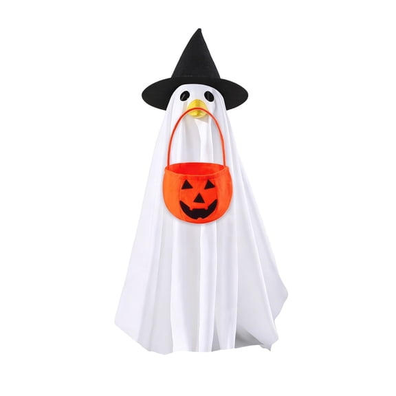 Halloween Porch Goose Ghost Costume Outfit, 25.59" Goose Clothes with Witch Hat Pumpkin Candy Bucket for Lawn Yard Porch Patio Holiday Party Decor White