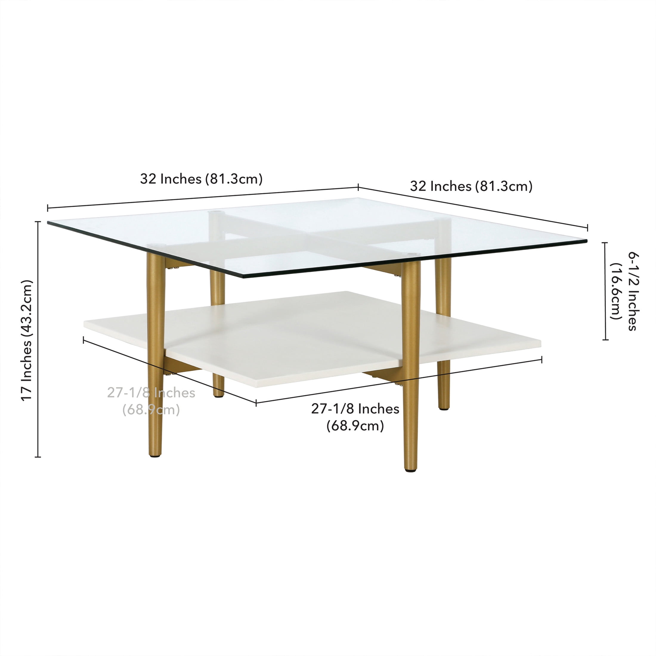 Evelyn&Zoe Otto 32" Wide Square Coffee Table with White Lacquer Shelf, Brass