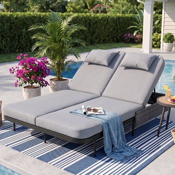 RADIATA 51.2" Wide 2-Person Outdoor Double Chaise Lounge Daybed, PE Wicker Patio Sunbed with 6-Position Backrests, 4.1" Cushions, Light Gray