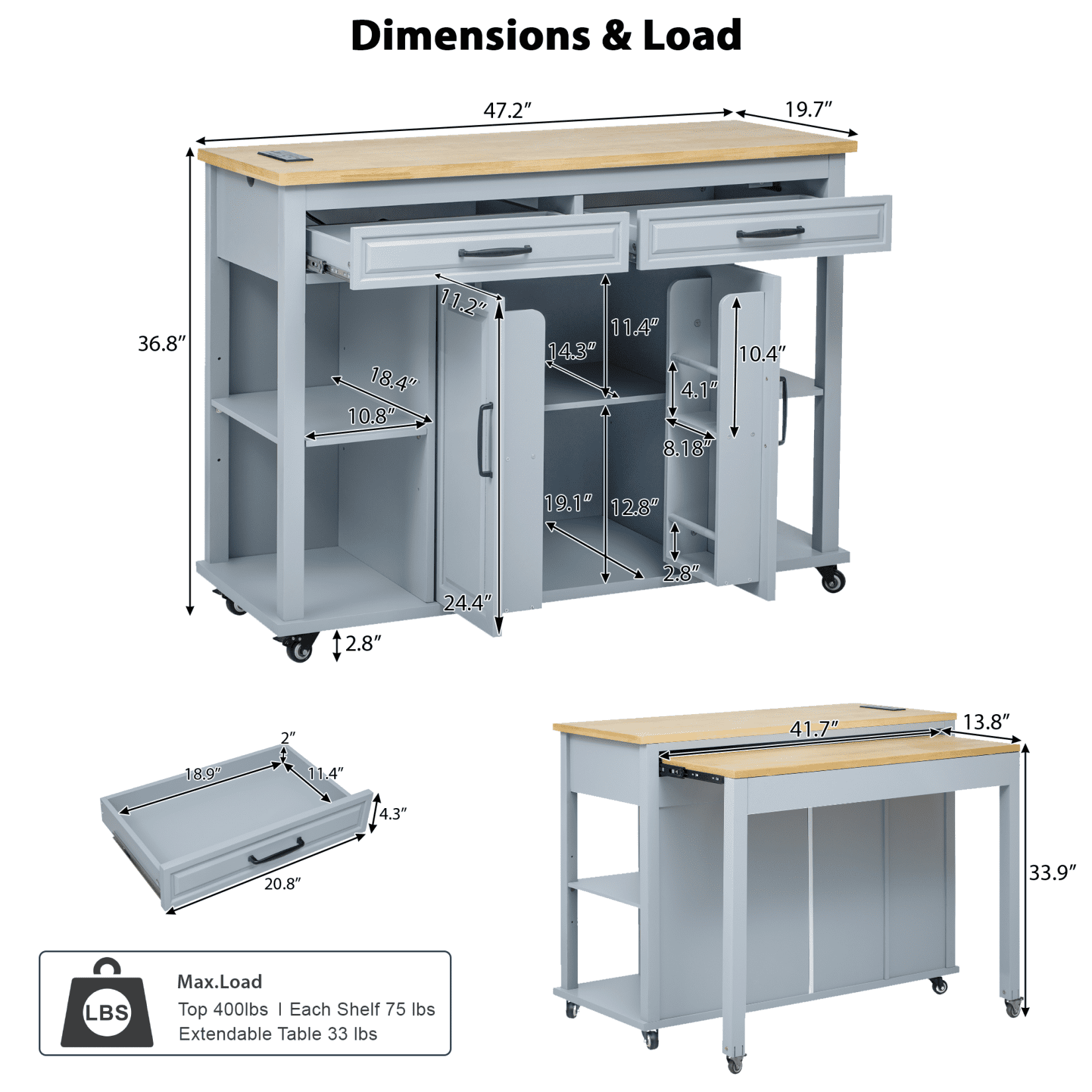 Harper & Bright Designs Kitchen Island with Extendable Dining Table, Kitchen Storage Cart with Drawers and Internal Storage Rack, Rolling Kitchen Island with Power Outlet, Grey+Blue
