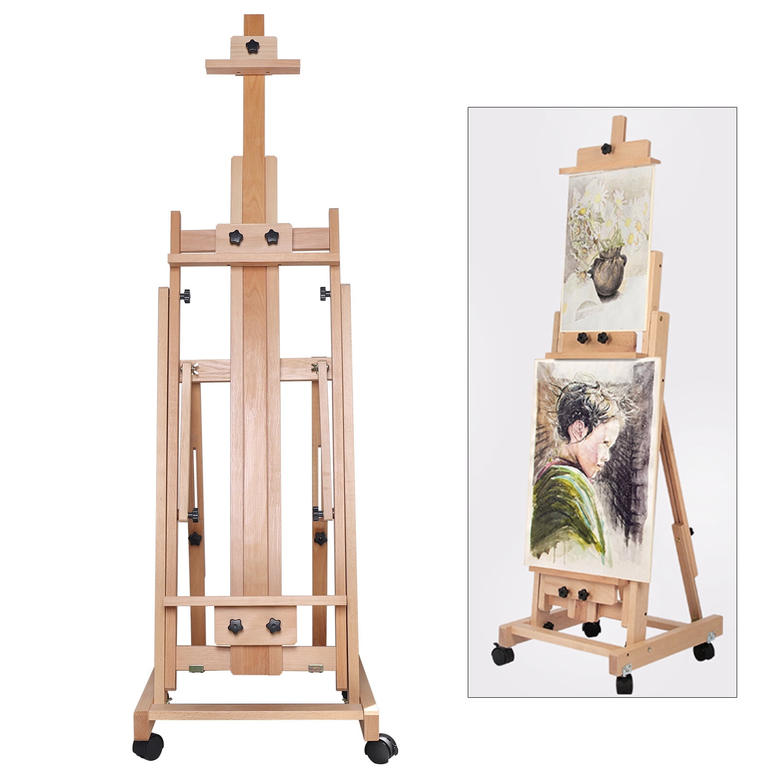 Height-Adjustable Beech Wood Floor Easel, 56.3-91.34in with 4 Lockable Wheels for Art Projects
