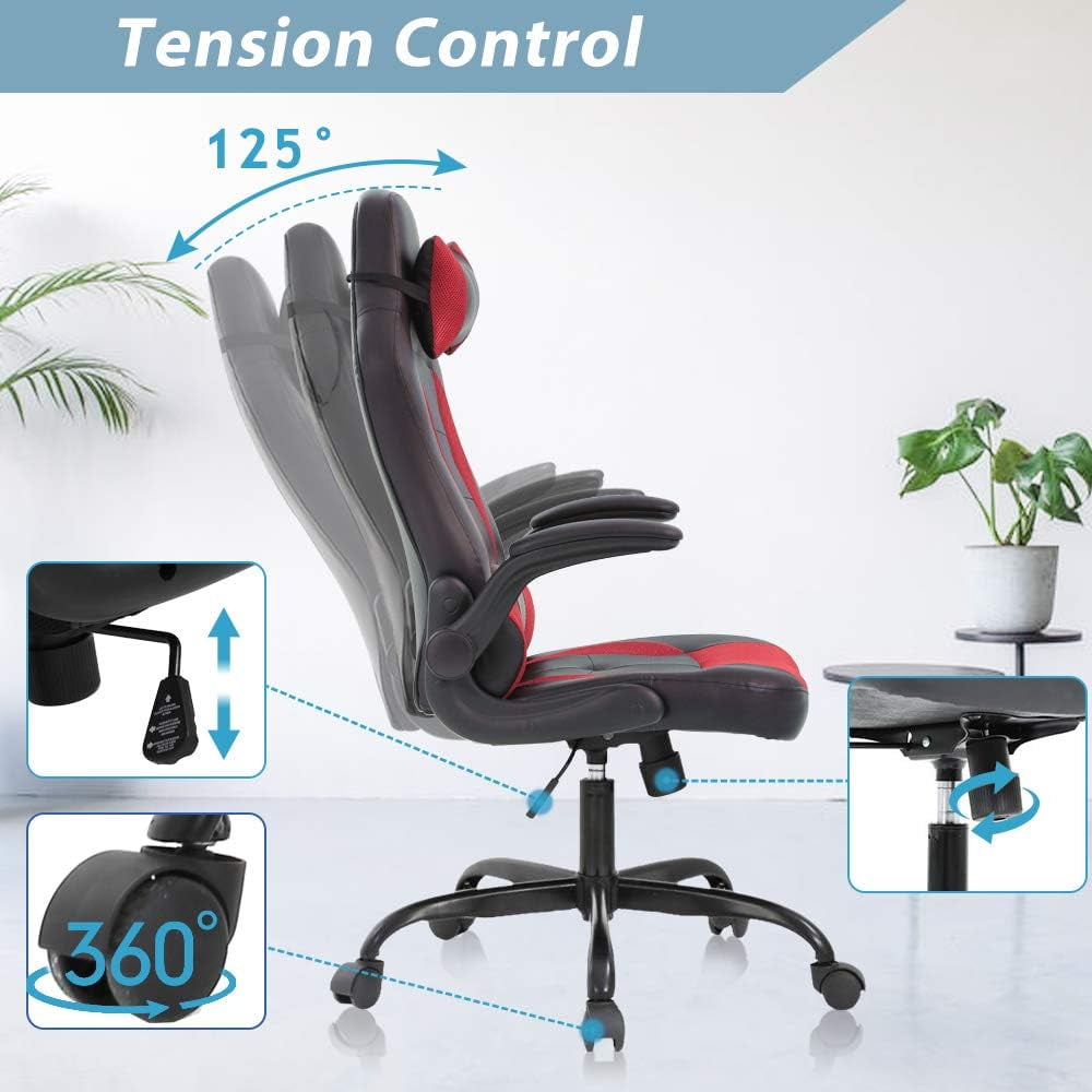 Dkelincs PC Gaming Chair Ergonomic Office Chair with Lumbar Support Flip Up Arms Headrest Adjustable Computer Desk Chair for Adults, Red
