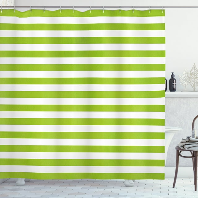 Lime Green Shower Curtain, Horizontal Stripes Simplistic Watercolor Paintbrush Large Lines Image