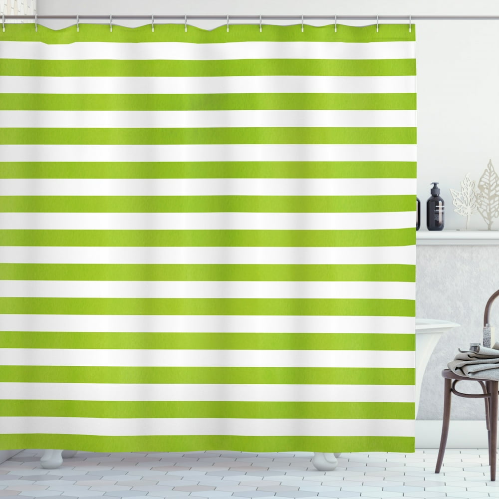 Lime Green Shower Curtain, Horizontal Stripes Simplistic Watercolor