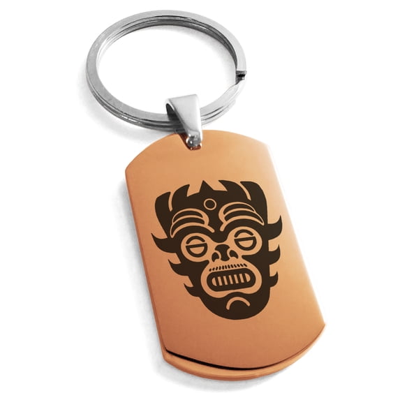 Stainless Steel Aztec Warrior Mask Rune Engraved Dog Tag Keychain Keyring