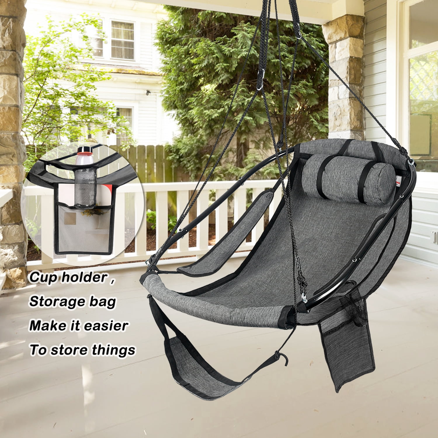Bathonly Hammock Chair Swing, Hanging Rope Swing Chair for Outdoor Indoor in Black. G1-0020BK