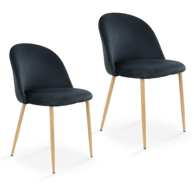 Sillas de Comedor de Terciopelo con Patas de Acero Acabado Tipo Madera Estilo Moderno - Sillas de Comedor Tapizadas Minimalista con Relleno Suave Set 2 Piezas Negro