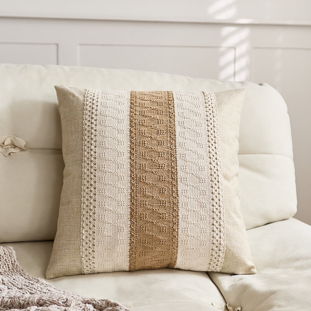 Boho Striped Throw Pillow Covers Set Of 2 – 20x20 Inch Gray Textured Covers With Tassels For Farmhouse, Bohemian & Modern Decor