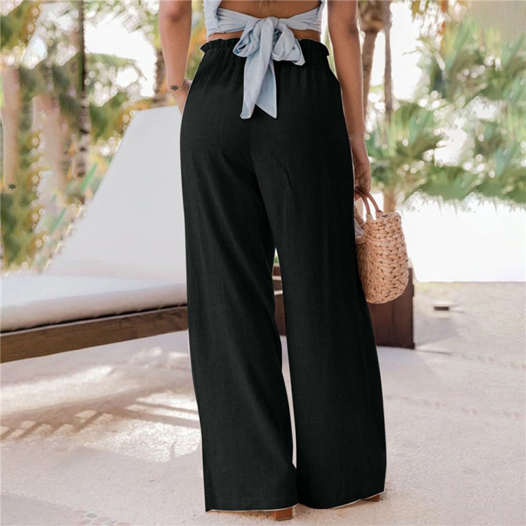 Cathalem Harem Pant Womens Lotu Leaf High Waist Cotton And Linen Pants  Elegant Casual Wide Leg Loose Pants Peg Pants with Tie Pants Black Large