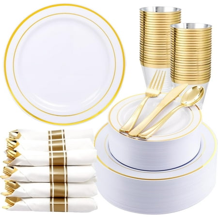 350-Piece White and Gold Disposable Dinnerware Set for 50 Guests