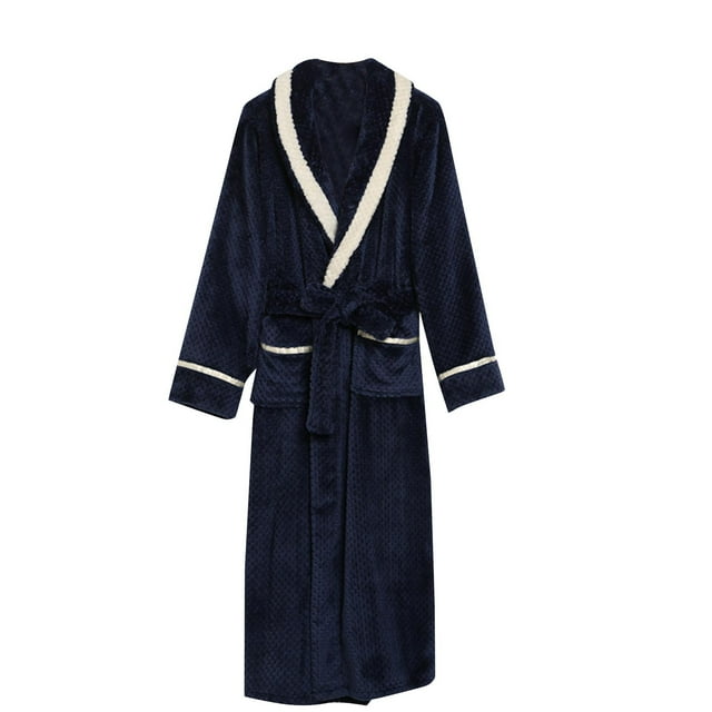 HBFAGFB Bathrobe Mens Pajamas Thick Flannel Robe Comfortable Warm Sleepwear with Pockets Navy Size M