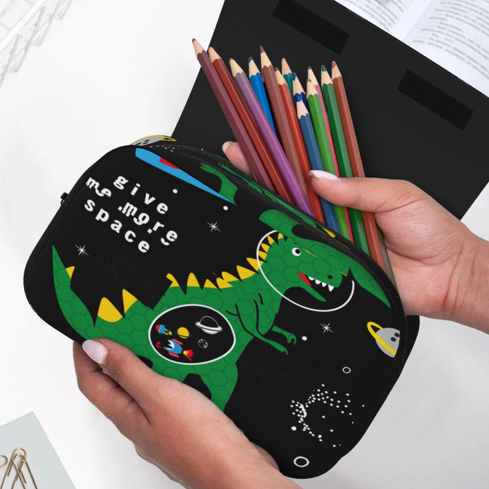 Rateoe Space Dino Cartoon Black Pattern Double Clamshell Pen Case, Storage Organizer with Two Zipper Compartments– Holds Up to 50 Pencils & Pens