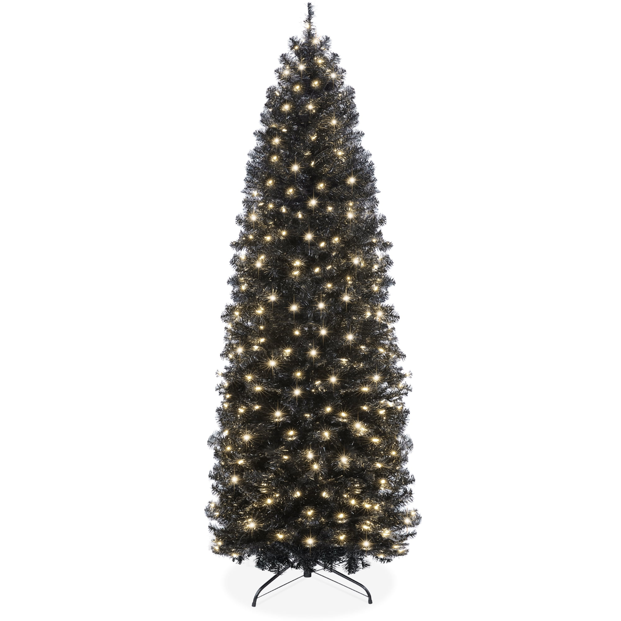 Best Choice Products 7.5ft Pre-Lit Black Artificial Christmas Tree, Holiday Pencil Tree w/ 300 Incandescent Lights, Base