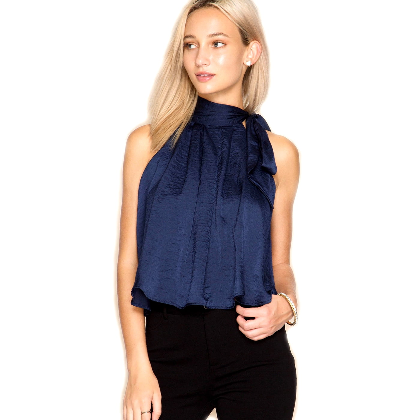 Crazy4Bling She + Sky, Navy Blue Satin Open Shoulder Halter Blouse