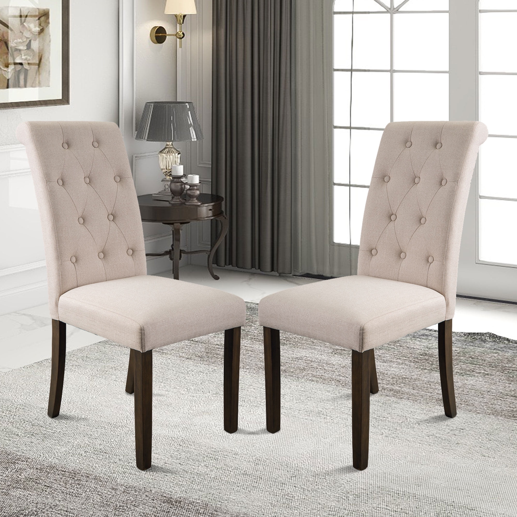 Elegant Solid Wood Tufted Dining Chair Set of 2, High Back Parsons ...