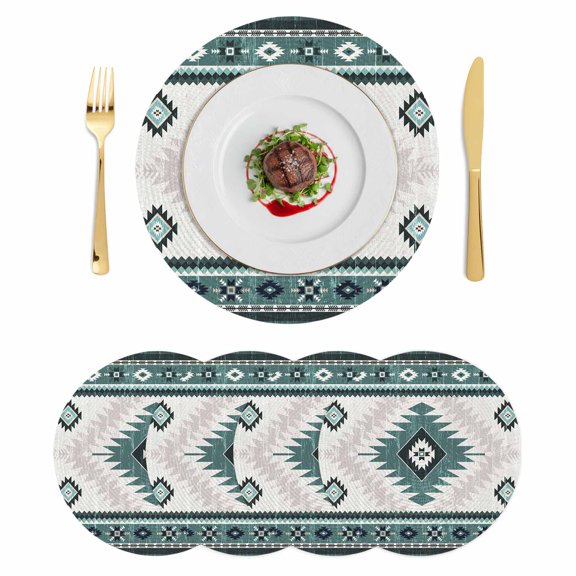 Green Beige Boho Round 15 Inch Placemats Set of 4, Vintage Ethnic Tribal Southwestern HeatResistant Non Slip Place Mats for Dining Table, Wipeable Braided Kitchen Table Mats for Housewarming