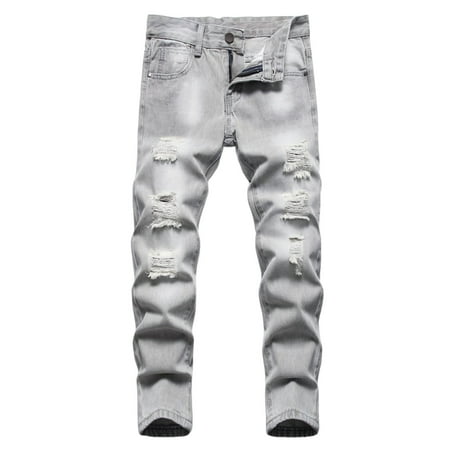 Rggeeun Baby Boys Pants Distressed Denim Ankle Length Patch Detail Straight Leg Slim Fit Elastic Waist Button Zipper Closure With Pockets For Summer Daily Wear Trendy Trousers Gray 6-7 Years